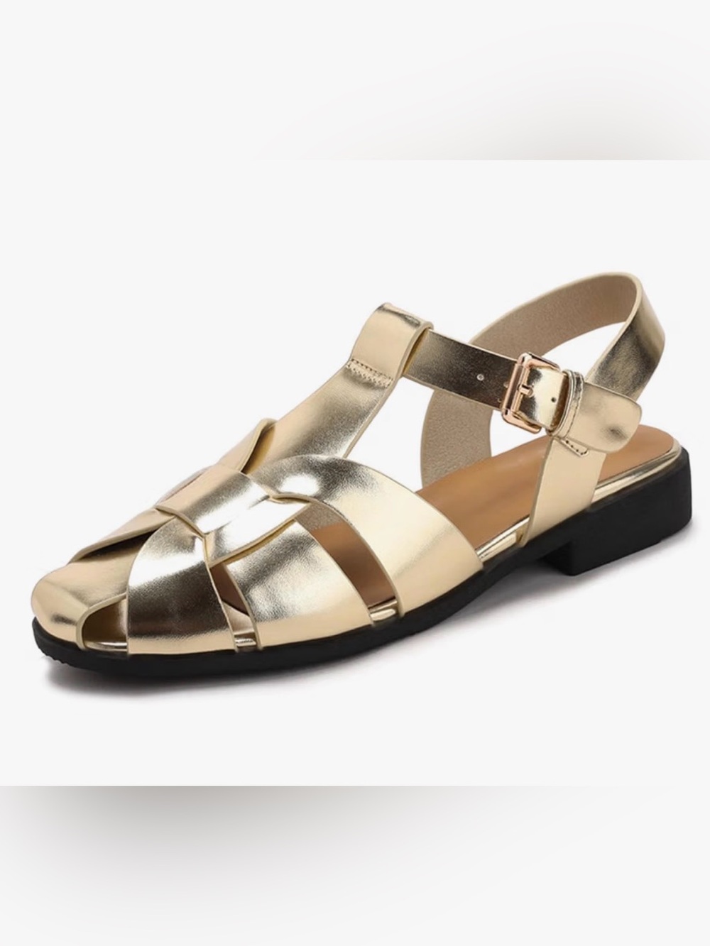 Gold Metallic Women’s Strappy Buckle Sandals Fisherman Block Shoes NEW